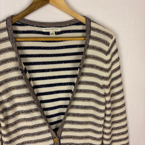 Banana Republic Navy Gold Striped Cardigan Sweater Nautical Preppy - Picture 3 of 9